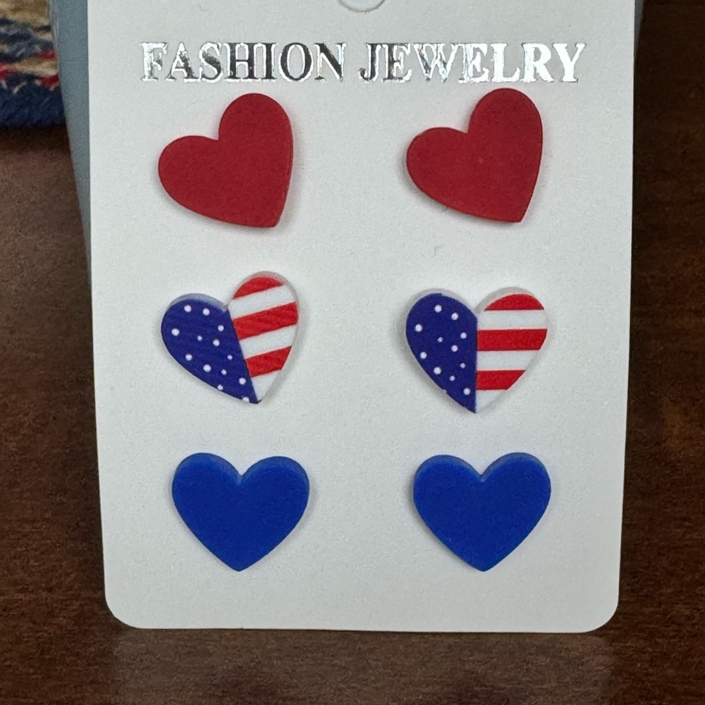 Americana 3 pc Heart Stud Earrings Set - Red, White and Blue